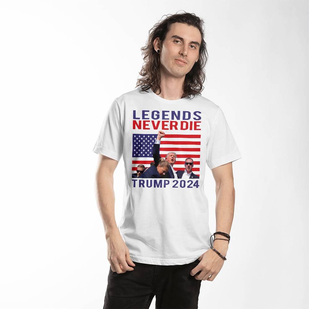 Trump 2024 Legends Never Die - Tee Shirt Front Print - Mallard Moon Gift Shop
