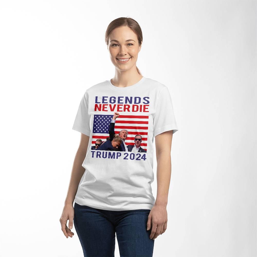 Trump 2024 Legends Never Die - Tee Shirt Front Print - Mallard Moon Gift Shop