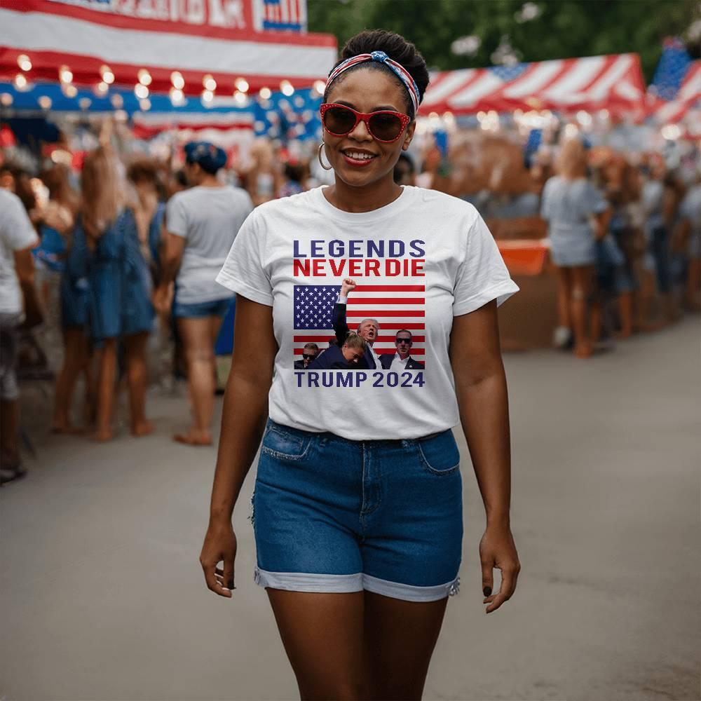 Trump 2024 Legends Never Die - Tee Shirt Front Print - Mallard Moon Gift Shop