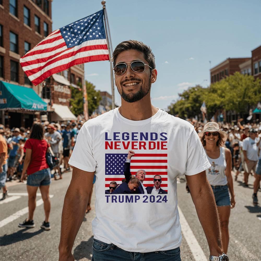 Trump 2024 Legends Never Die - Tee Shirt Front Print - Mallard Moon Gift Shop