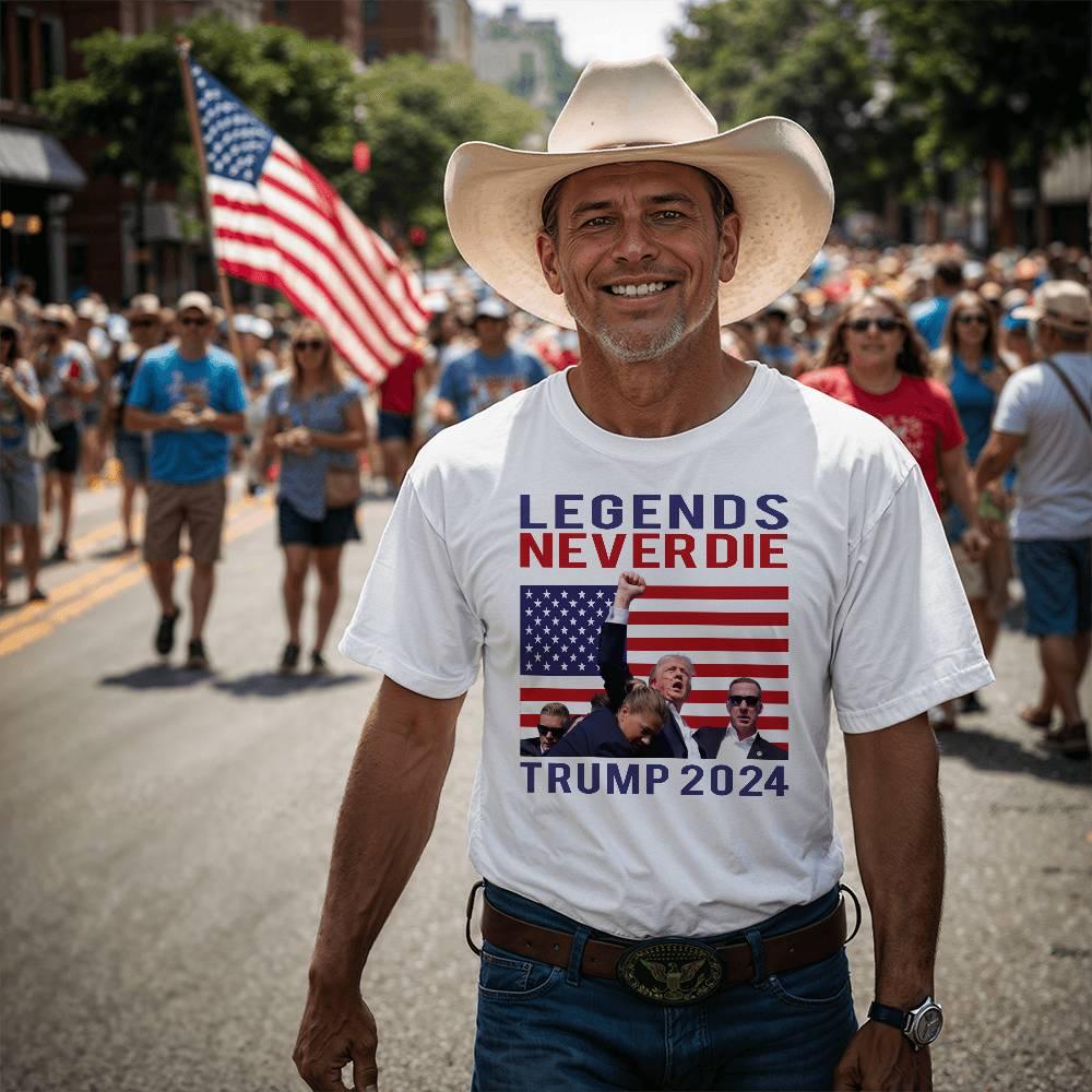 Trump 2024 Legends Never Die - Tee Shirt Front Print - Mallard Moon Gift Shop