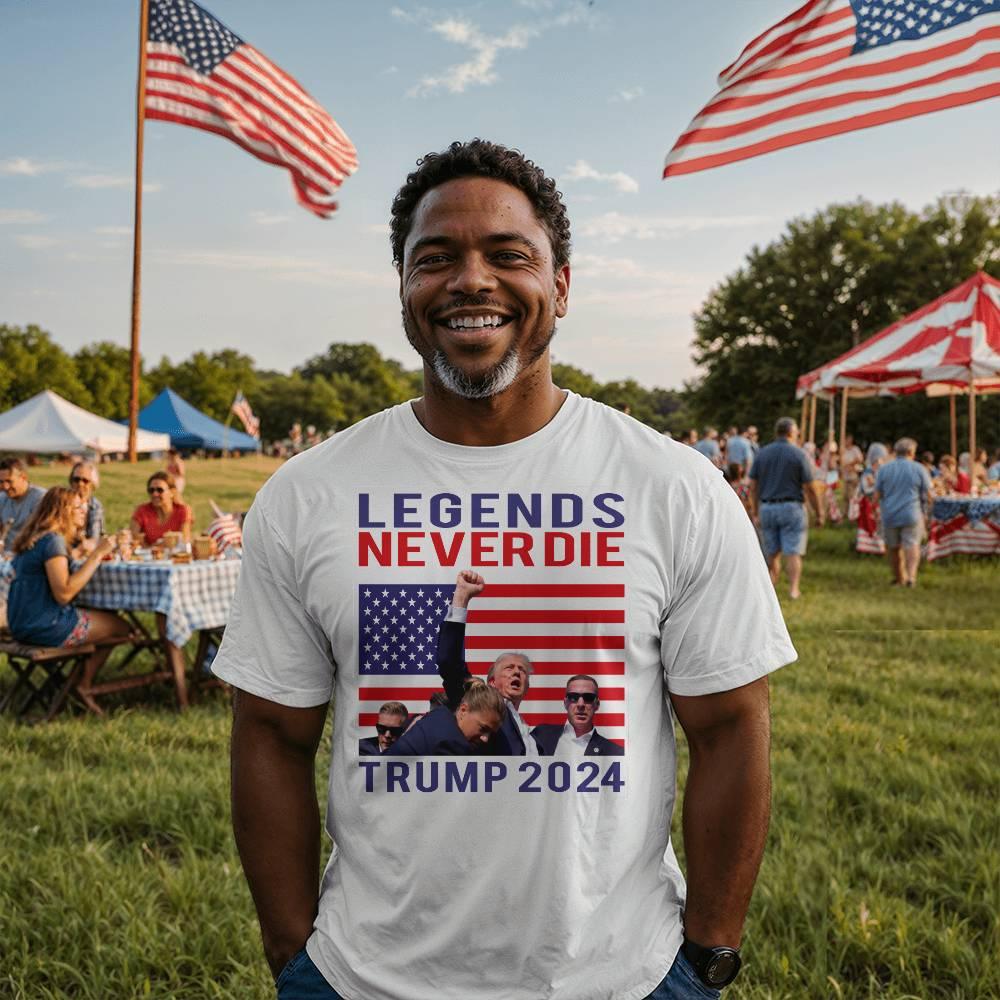 Trump 2024 Legends Never Die - Tee Shirt Front Print - Mallard Moon Gift Shop