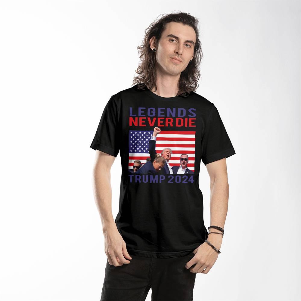 Trump 2024 Legends Never Die - Tee Shirt Front Print - Mallard Moon Gift Shop