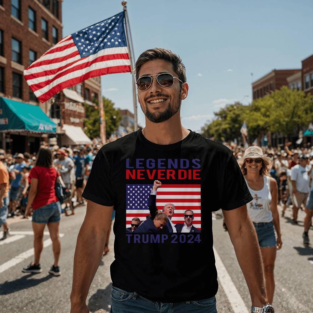 Trump 2024 Legends Never Die - Tee Shirt Front Print - Mallard Moon Gift Shop