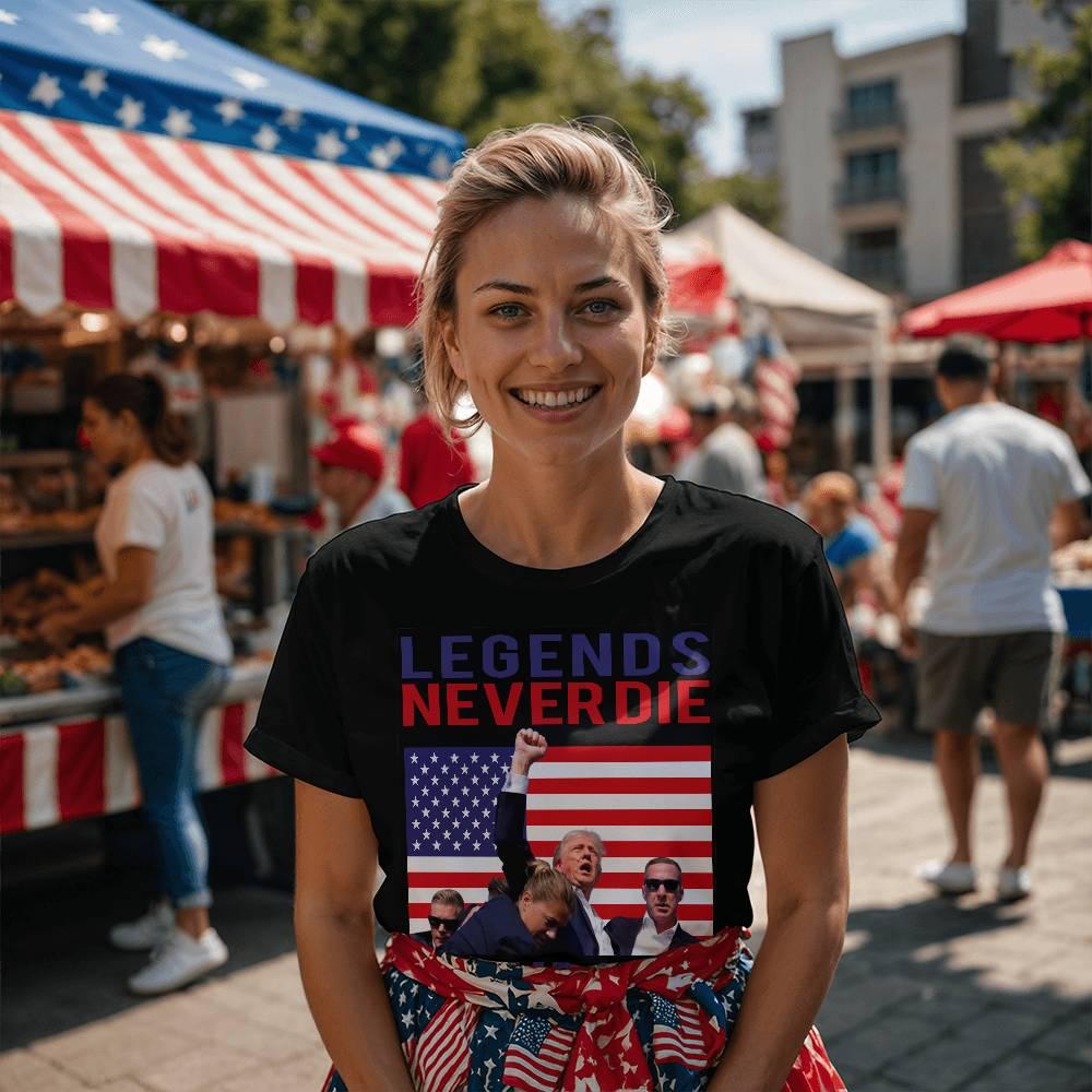 Trump 2024 Legends Never Die - Tee Shirt Front Print - Mallard Moon Gift Shop