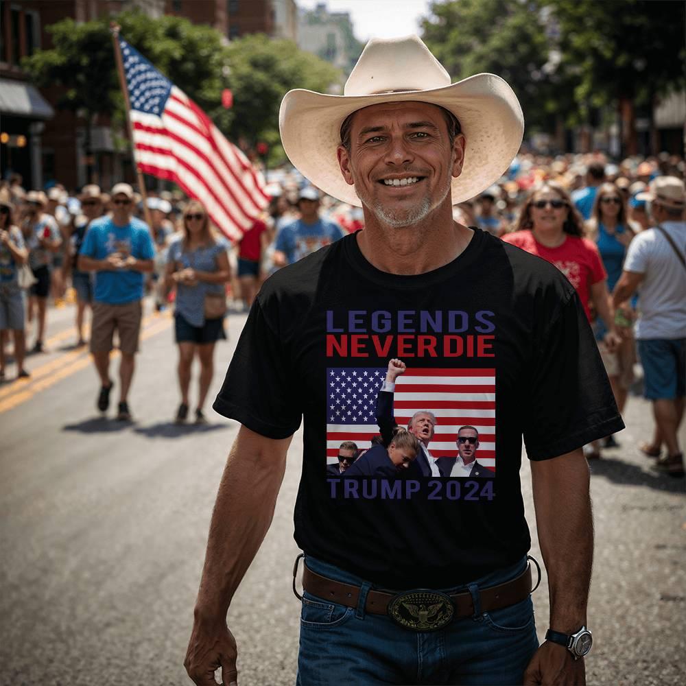 Trump 2024 Legends Never Die - Tee Shirt Front Print - Mallard Moon Gift Shop