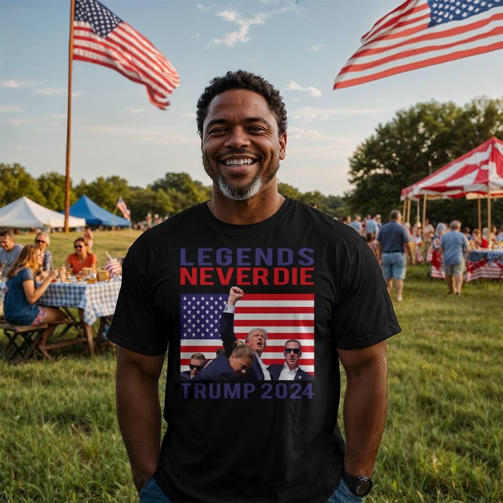Trump 2024 Legends Never Die - Tee Shirt Front Print - Mallard Moon Gift Shop