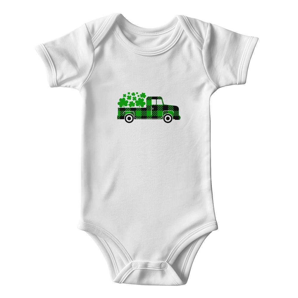 Plaid Shamrock Truck St. Patrick’s Day Baby Bodysuit – Cute Farmhouse Irish Onesie – Soft Cotton Infant Romper – Lucky Holiday Outfit & Baby Gift - Mallard Moon Gift Shop