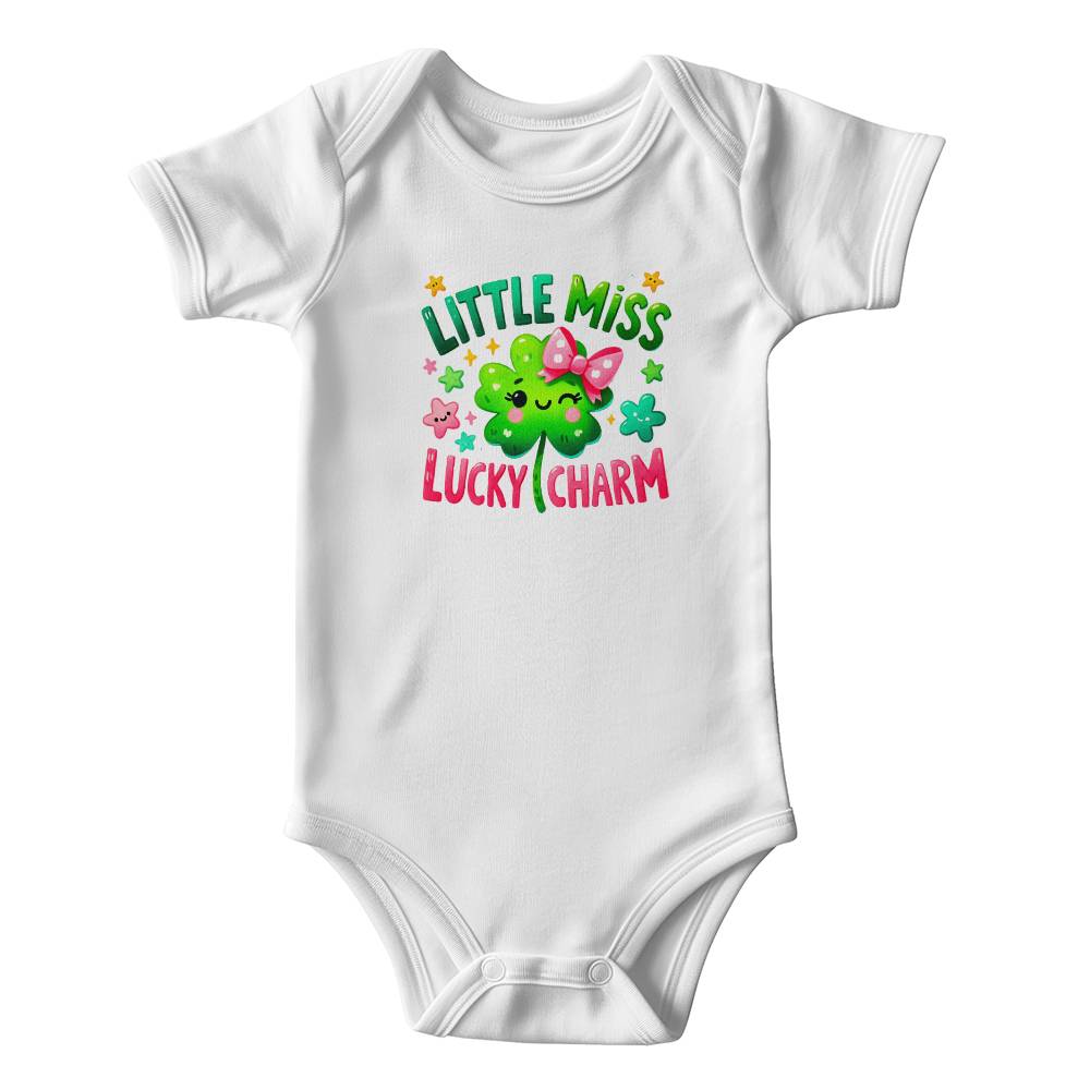 Little Miss Lucky Charm St. Patrick’s Day Baby Bodysuit – Cute Shamrock & Bow Onesie – Soft Cotton Infant Romper – Irish Holiday Outfit & Baby Gift - Mallard Moon Gift Shop