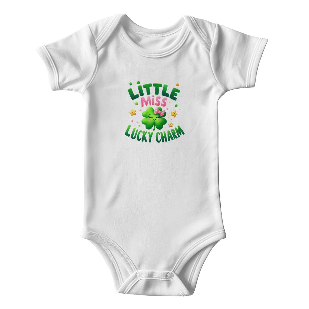 Little Miss Lucky Charm St. Patrick’s Day Baby Bodysuit – Cute Shamrock & Bow Onesie – Soft Cotton Infant Romper – Irish Holiday Outfit & Baby Gift - Mallard Moon Gift Shop