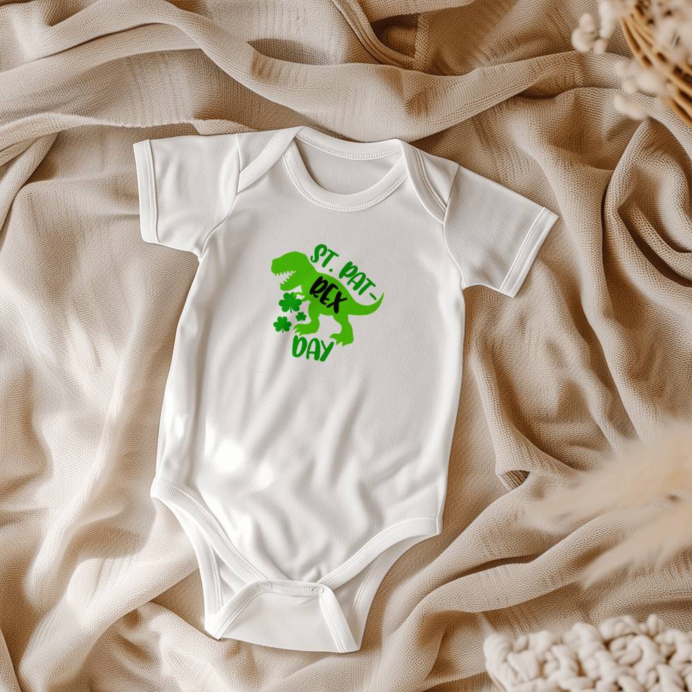 St. Pat-Rex Day Baby Bodysuit – Funny Dinosaur St. Patrick’s Day Onesie – Soft Cotton Infant Romper – Cute Irish Holiday Outfit & Baby Gift - Mallard Moon Gift Shop