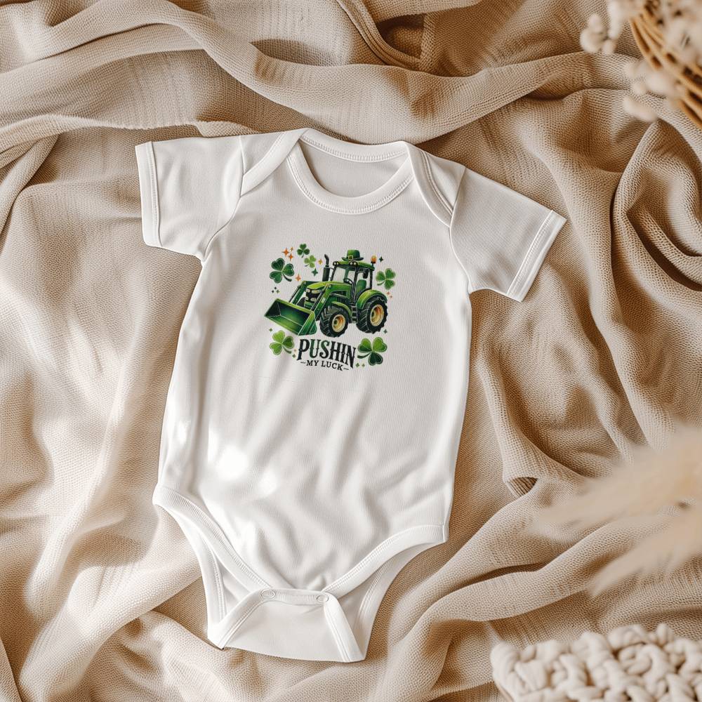 Pushin’ My Luck St. Patrick’s Day Baby Bodysuit – Funny Tractor & Shamrock Onesie – Soft Cotton Infant Romper – Irish Holiday Outfit & Baby Gift - Mallard Moon Gift Shop