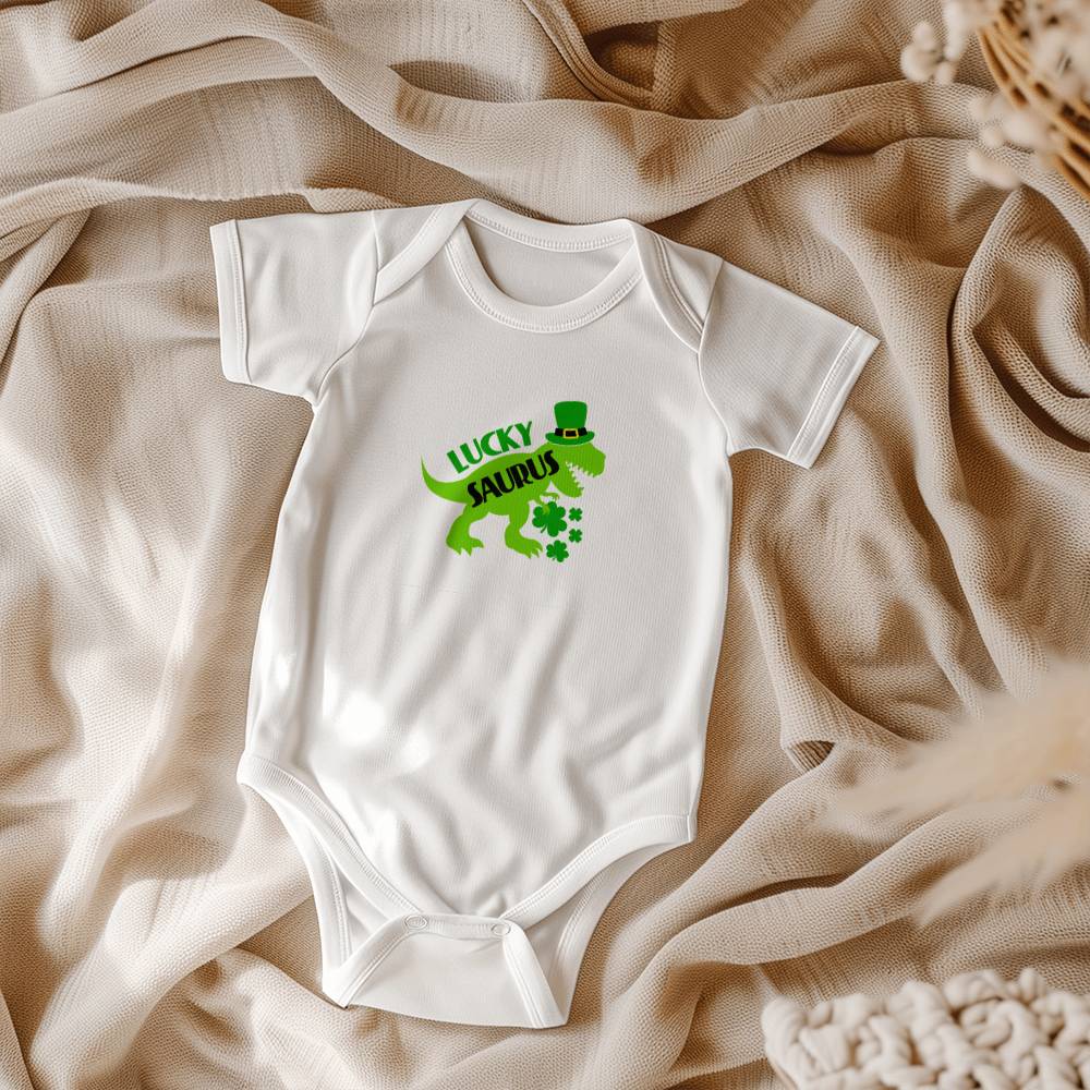 Luckysaurus St. Patrick’s Day Baby Bodysuit – Cute T-Rex Dinosaur Onesie – Soft Cotton Infant Romper – Funny Irish Holiday Outfit & Baby Gift - Mallard Moon Gift Shop