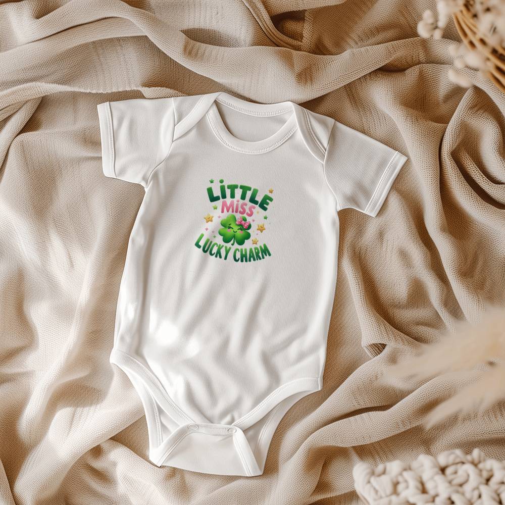 Little Miss Lucky Charm St. Patrick’s Day Baby Bodysuit – Cute Shamrock & Bow Onesie – Soft Cotton Infant Romper – Irish Holiday Outfit & Baby Gift - Mallard Moon Gift Shop
