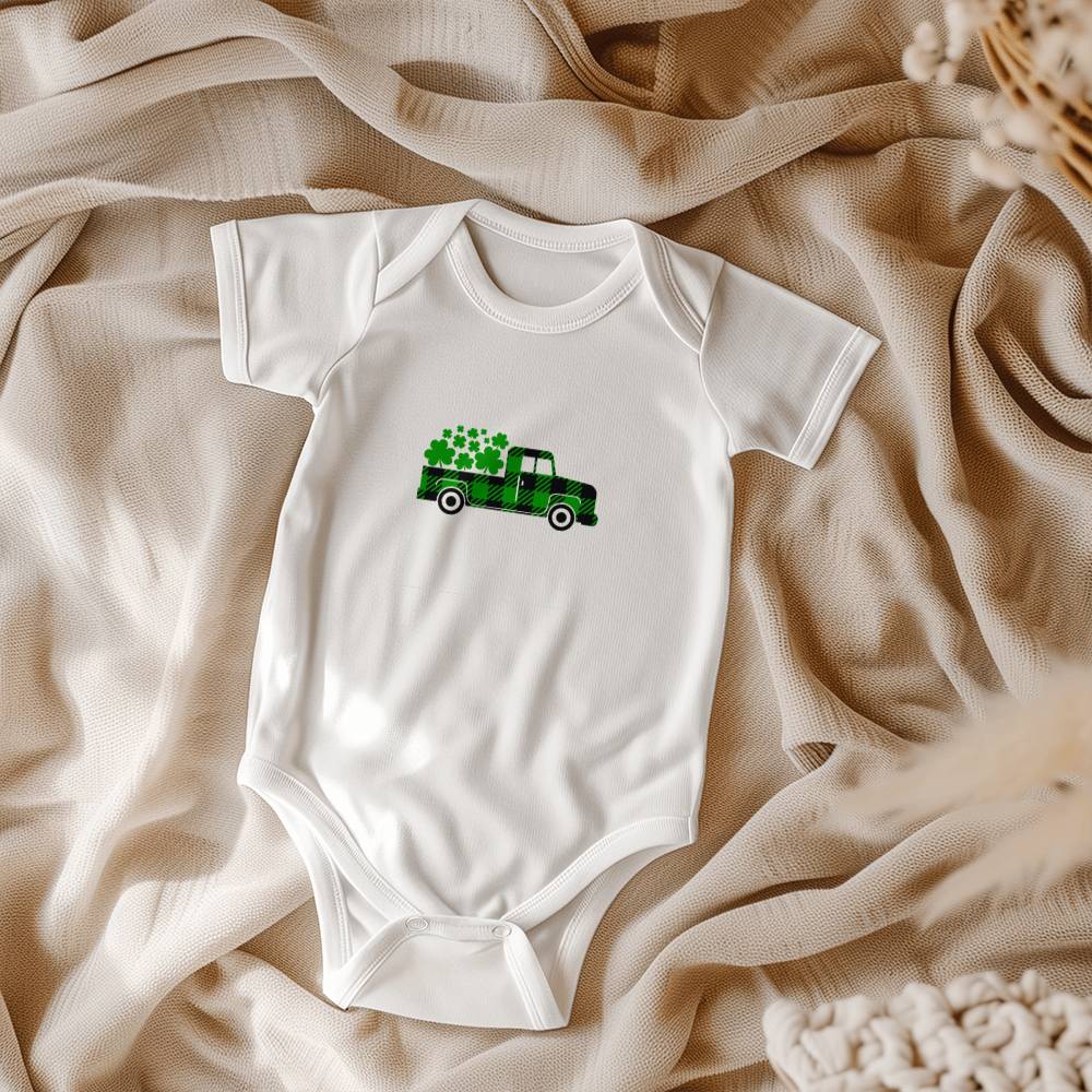 Plaid Shamrock Truck St. Patrick’s Day Baby Bodysuit – Cute Farmhouse Irish Onesie – Soft Cotton Infant Romper – Lucky Holiday Outfit & Baby Gift - Mallard Moon Gift Shop