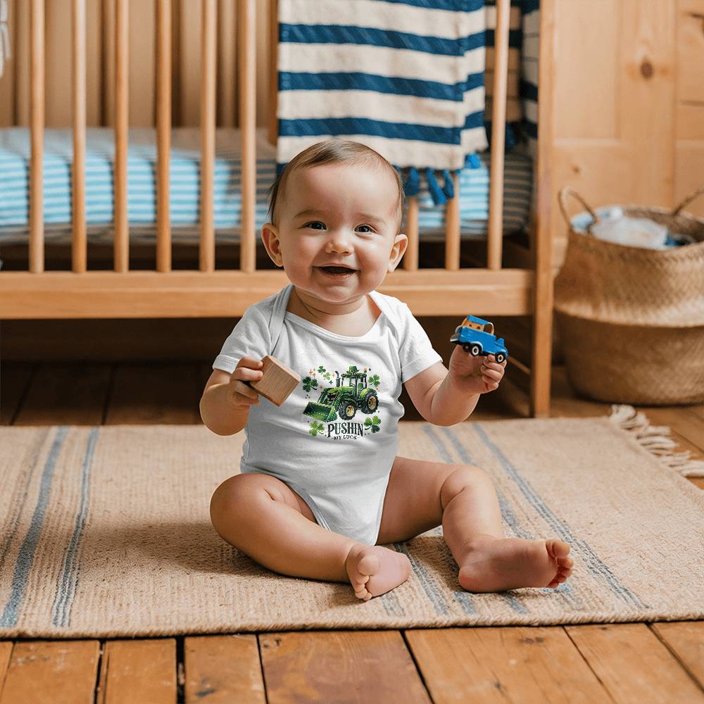 Pushin’ My Luck St. Patrick’s Day Baby Bodysuit – Funny Tractor & Shamrock Onesie – Soft Cotton Infant Romper – Irish Holiday Outfit & Baby Gift - Mallard Moon Gift Shop