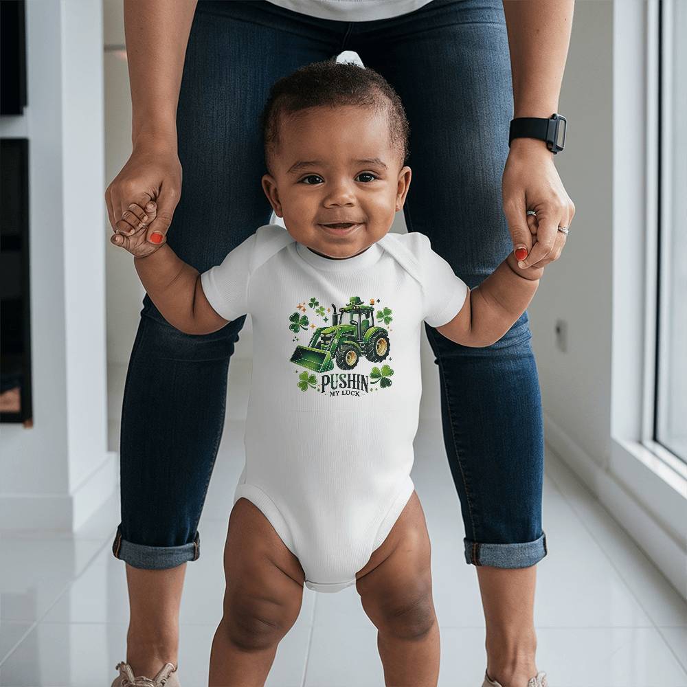 Pushin’ My Luck St. Patrick’s Day Baby Bodysuit – Funny Tractor & Shamrock Onesie – Soft Cotton Infant Romper – Irish Holiday Outfit & Baby Gift - Mallard Moon Gift Shop