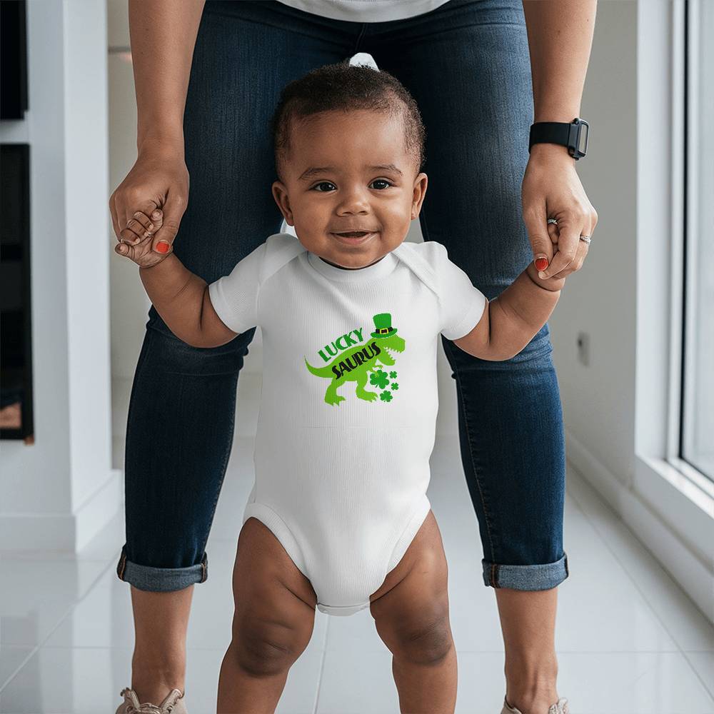 Luckysaurus St. Patrick’s Day Baby Bodysuit – Cute T-Rex Dinosaur Onesie – Soft Cotton Infant Romper – Funny Irish Holiday Outfit & Baby Gift - Mallard Moon Gift Shop