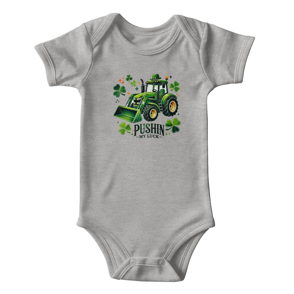 Pushin’ My Luck St. Patrick’s Day Baby Bodysuit – Funny Tractor & Shamrock Onesie – Soft Cotton Infant Romper – Irish Holiday Outfit & Baby Gift - Mallard Moon Gift Shop