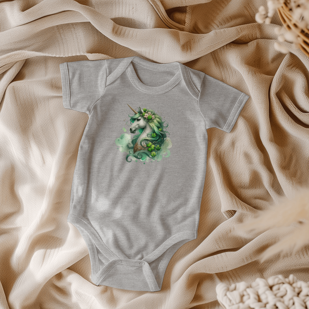 Magical Irish Unicorn St. Patrick's Day Baby Bodysuit – Enchanted Shamrock Lucky Charm Onesie – Soft Cotton Infant Romper – Fantasy Holiday Outfit & Baby Gift - Mallard Moon Gift Shop