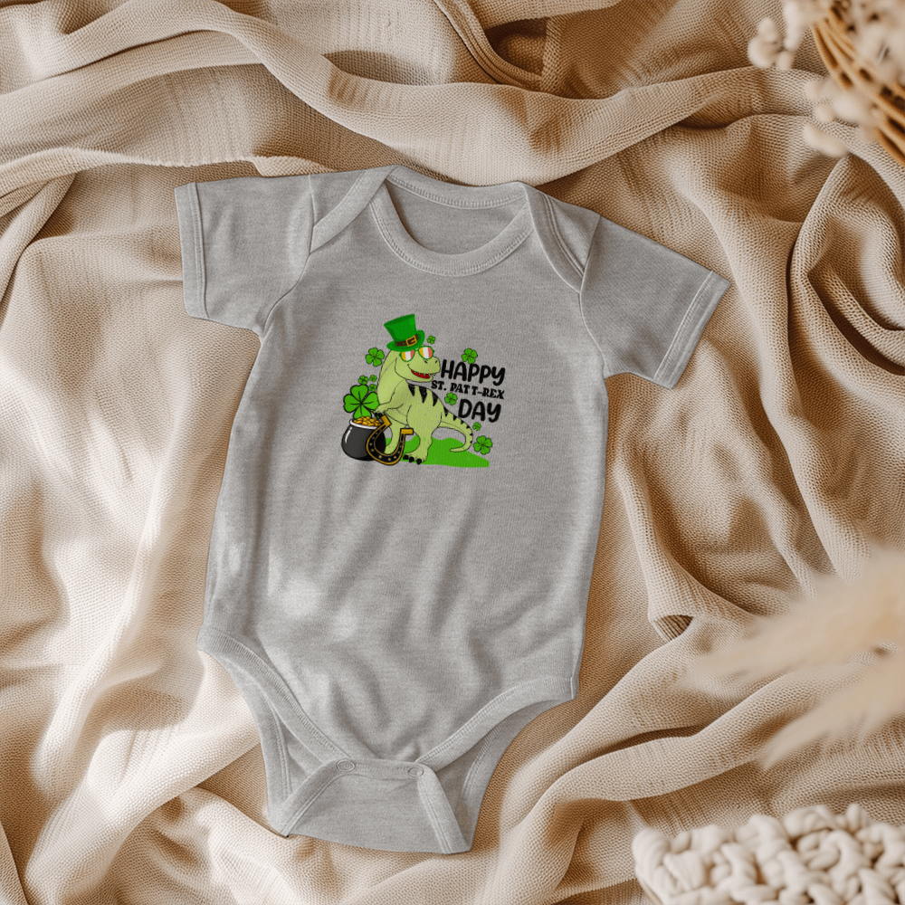 Baby St. Patrick's Day Bodysuit – Cute T-Rex Dinosaur – Lucky Irish Holiday Outfit – Soft Cotton Short Sleeve Infant Romper - Mallard Moon Gift Shop