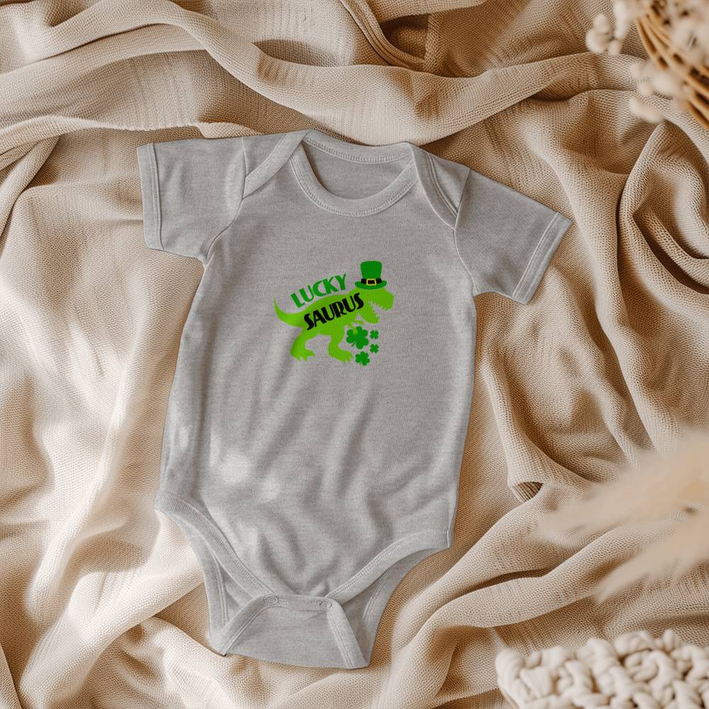 Luckysaurus St. Patrick’s Day Baby Bodysuit – Cute T-Rex Dinosaur Onesie – Soft Cotton Infant Romper – Funny Irish Holiday Outfit & Baby Gift - Mallard Moon Gift Shop