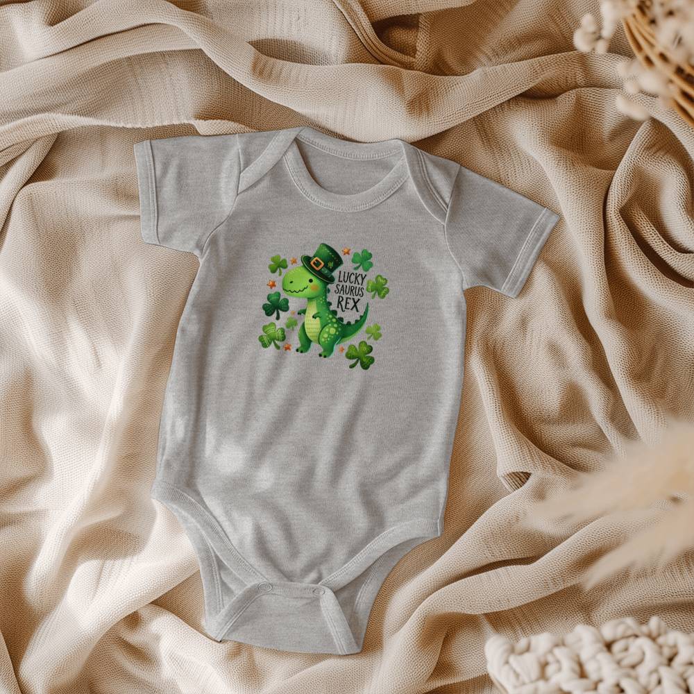 Lucky Saurus Rex St. Patrick’s Day Baby Bodysuit – Cute Dinosaur & Shamrock Onesie – Soft Cotton Infant Romper – Funny Irish Holiday Outfit & Baby Gift - Mallard Moon Gift Shop