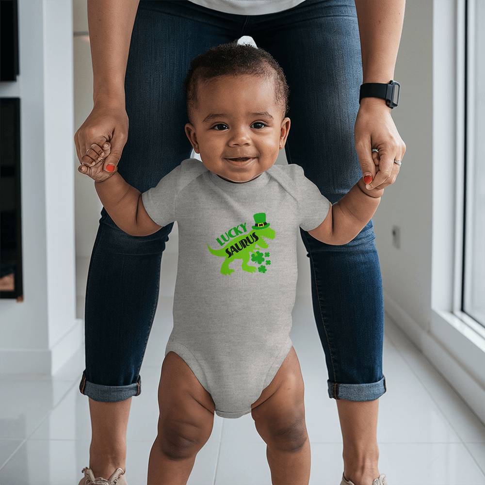 Luckysaurus St. Patrick’s Day Baby Bodysuit – Cute T-Rex Dinosaur Onesie – Soft Cotton Infant Romper – Funny Irish Holiday Outfit & Baby Gift - Mallard Moon Gift Shop