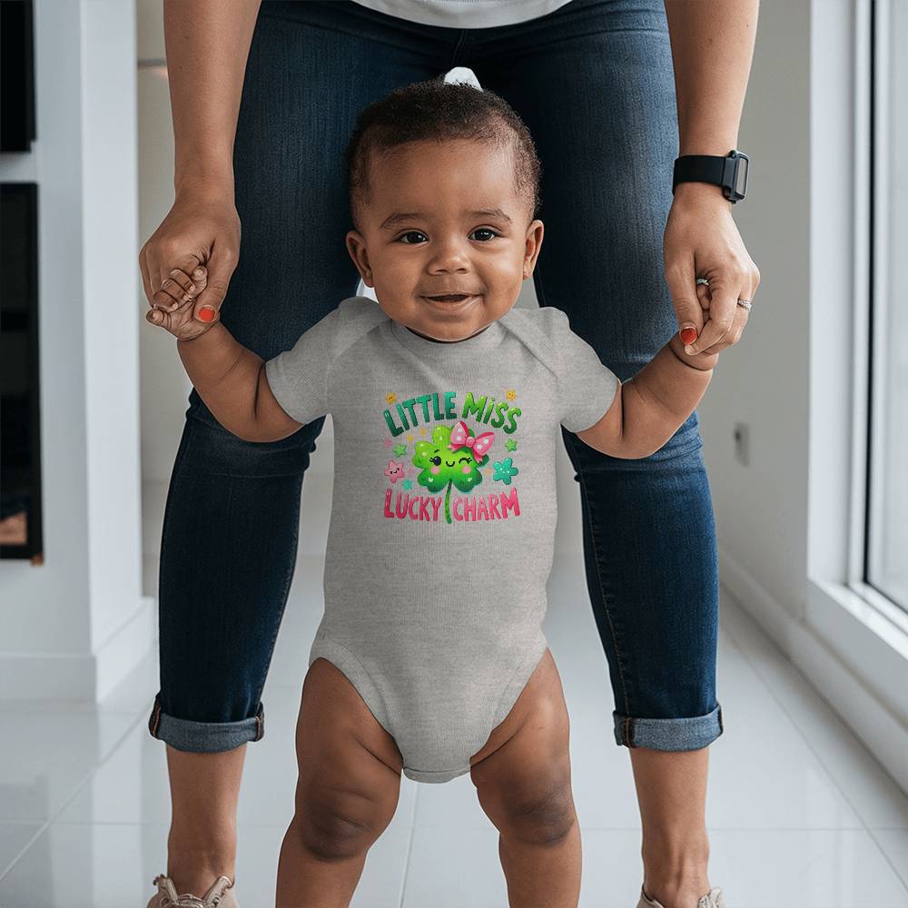 Little Miss Lucky Charm St. Patrick’s Day Baby Bodysuit – Cute Shamrock & Bow Onesie – Soft Cotton Infant Romper – Irish Holiday Outfit & Baby Gift - Mallard Moon Gift Shop