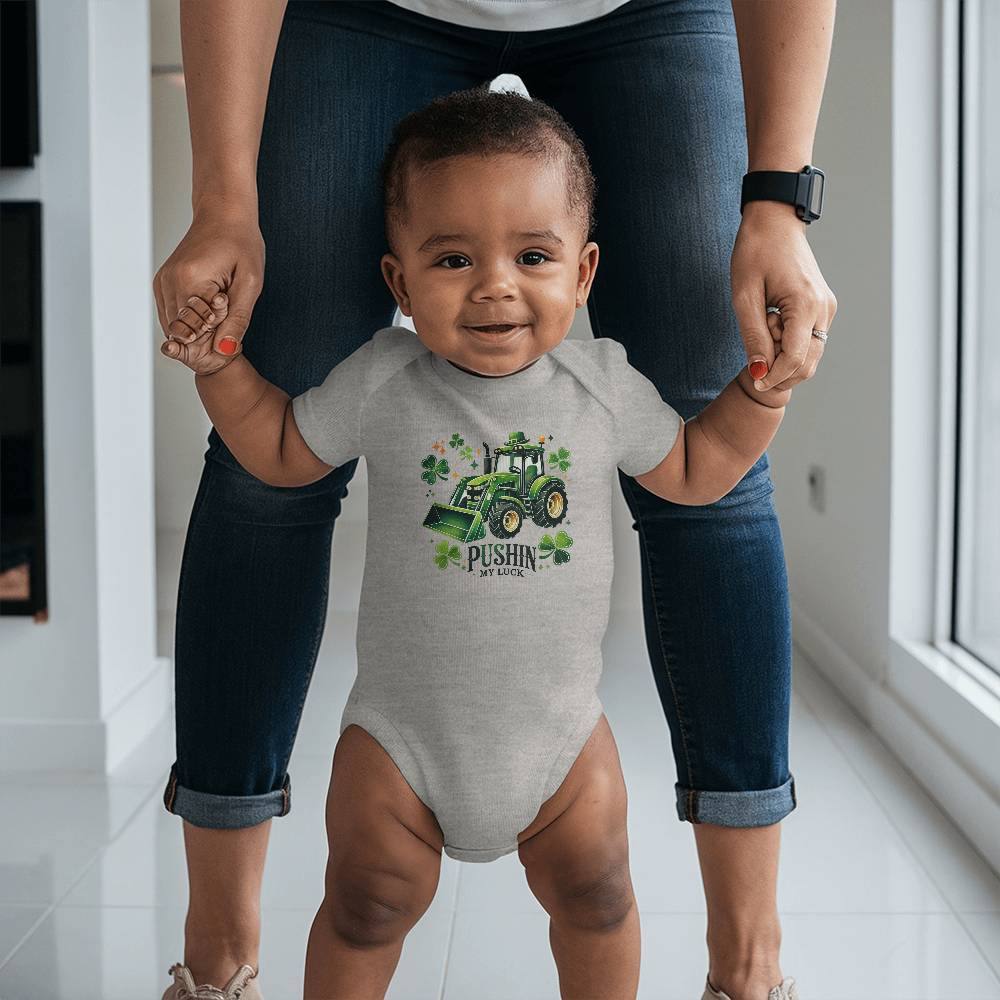 Pushin’ My Luck St. Patrick’s Day Baby Bodysuit – Funny Tractor & Shamrock Onesie – Soft Cotton Infant Romper – Irish Holiday Outfit & Baby Gift - Mallard Moon Gift Shop