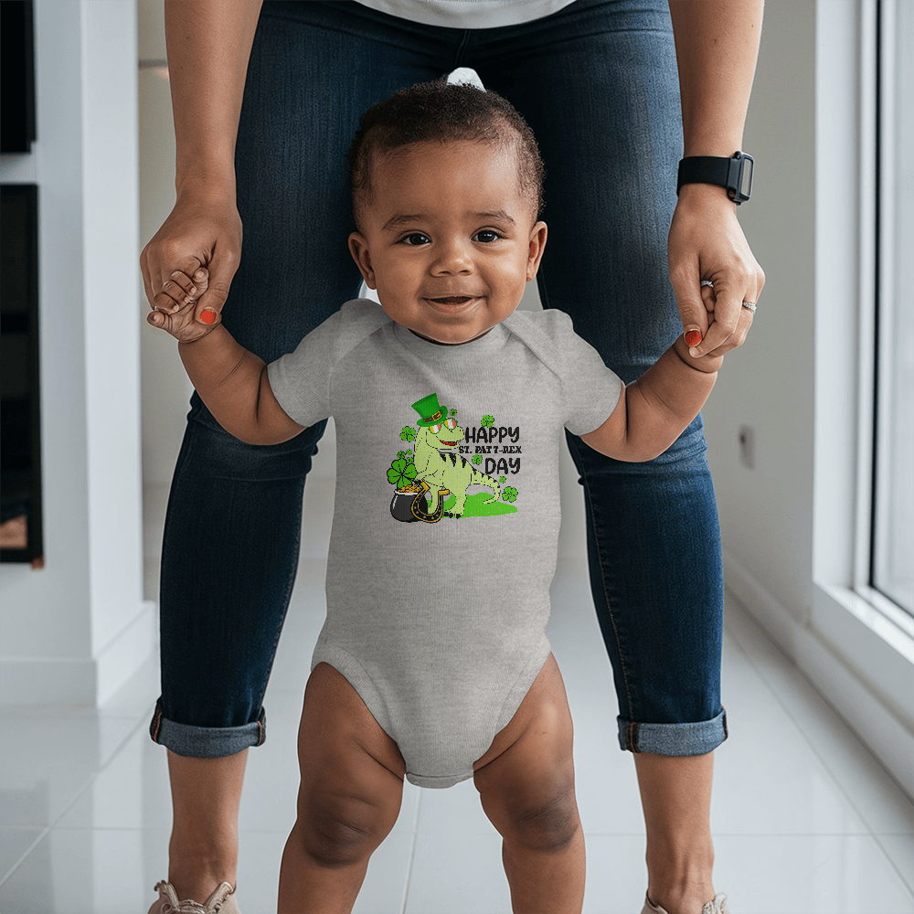 Baby St. Patrick's Day Bodysuit – Cute T-Rex Dinosaur – Lucky Irish Holiday Outfit – Soft Cotton Short Sleeve Infant Romper - Mallard Moon Gift Shop