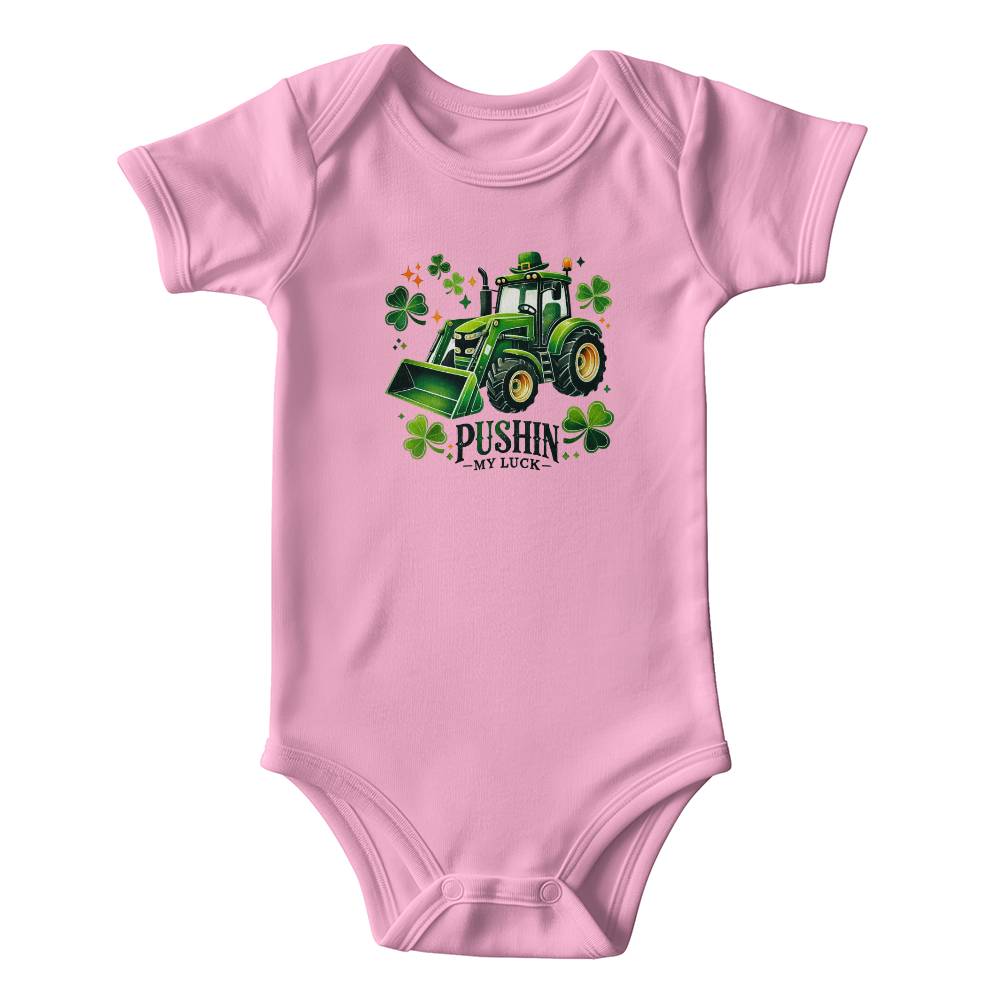 Pushin’ My Luck St. Patrick’s Day Baby Bodysuit – Funny Tractor & Shamrock Onesie – Soft Cotton Infant Romper – Irish Holiday Outfit & Baby Gift - Mallard Moon Gift Shop