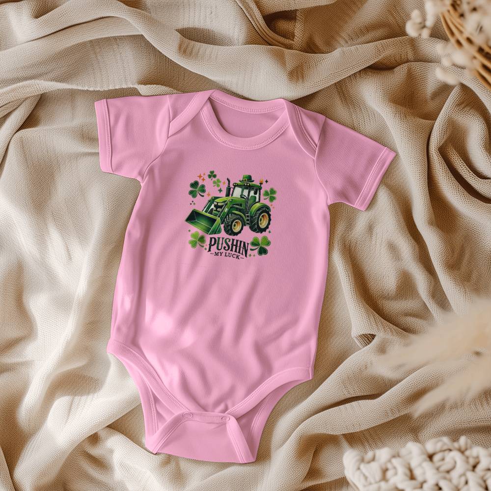 Pushin’ My Luck St. Patrick’s Day Baby Bodysuit – Funny Tractor & Shamrock Onesie – Soft Cotton Infant Romper – Irish Holiday Outfit & Baby Gift - Mallard Moon Gift Shop