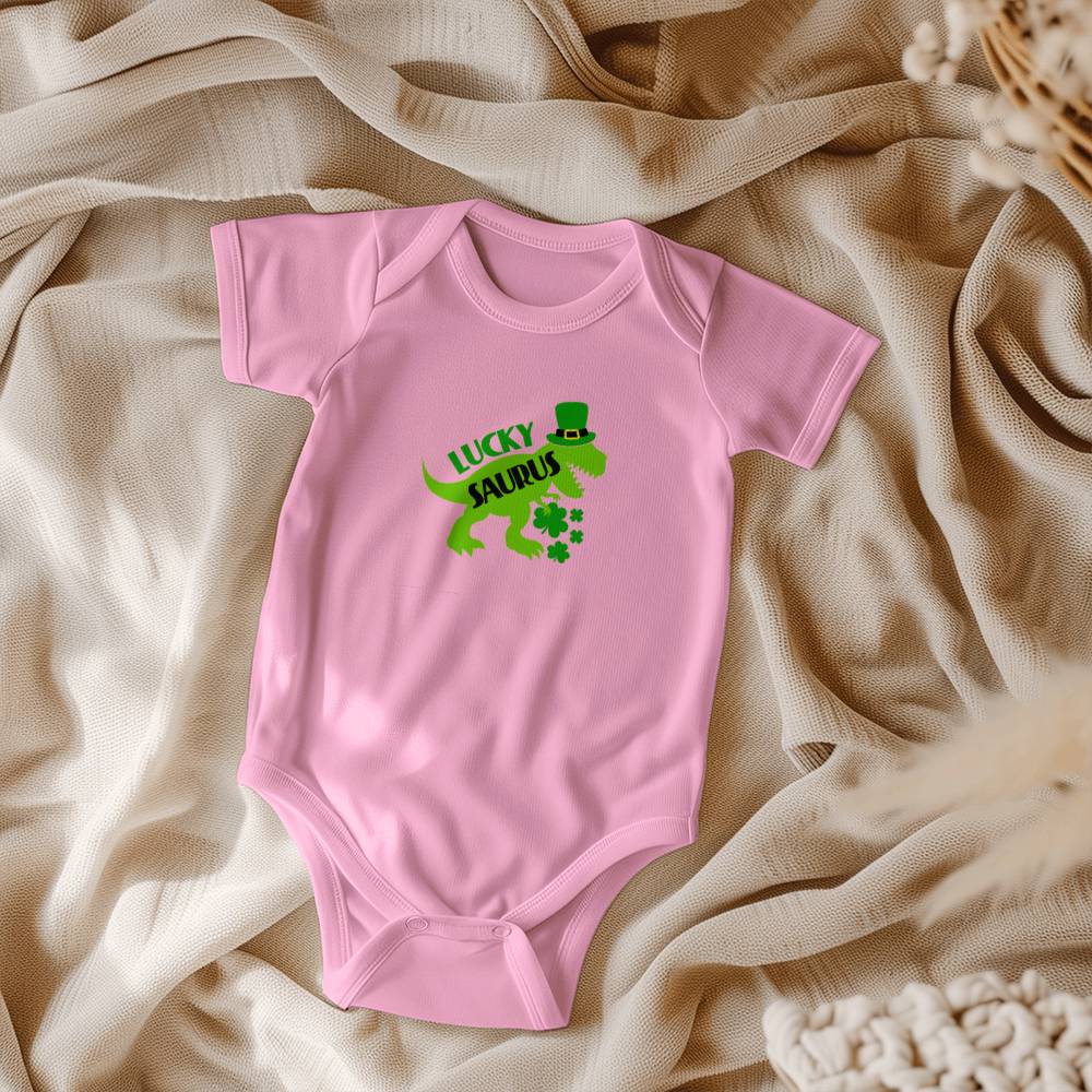 Luckysaurus St. Patrick’s Day Baby Bodysuit – Cute T-Rex Dinosaur Onesie – Soft Cotton Infant Romper – Funny Irish Holiday Outfit & Baby Gift - Mallard Moon Gift Shop