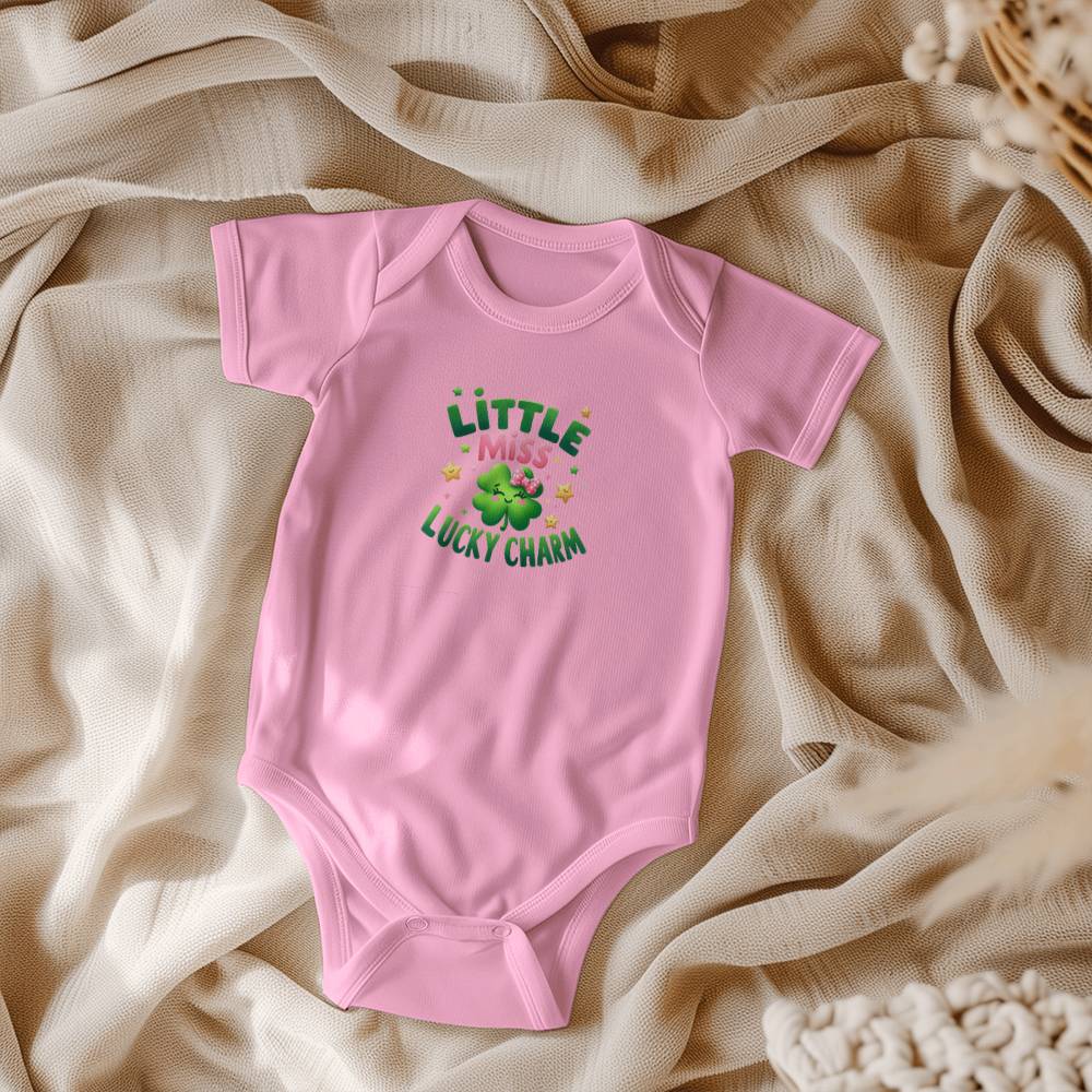 Little Miss Lucky Charm St. Patrick’s Day Baby Bodysuit – Cute Shamrock & Bow Onesie – Soft Cotton Infant Romper – Irish Holiday Outfit & Baby Gift - Mallard Moon Gift Shop