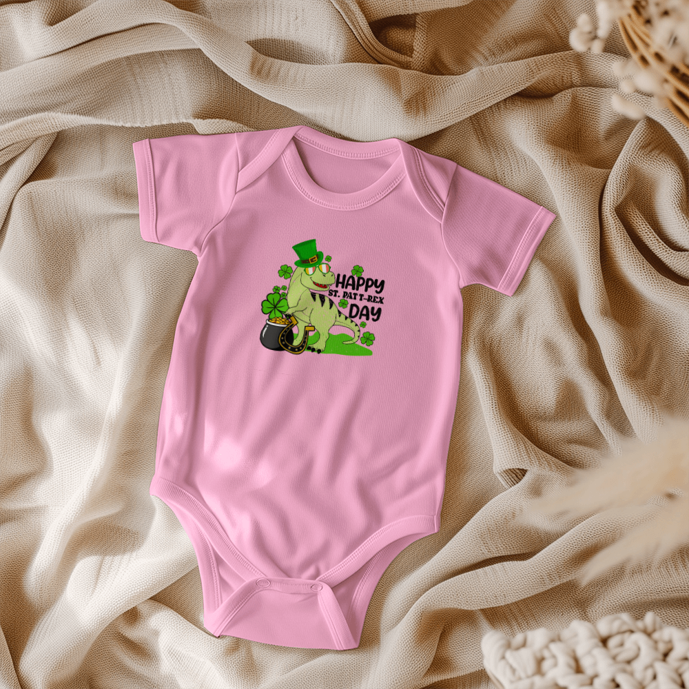 Baby St. Patrick's Day Bodysuit – Cute T-Rex Dinosaur – Lucky Irish Holiday Outfit – Soft Cotton Short Sleeve Infant Romper - Mallard Moon Gift Shop