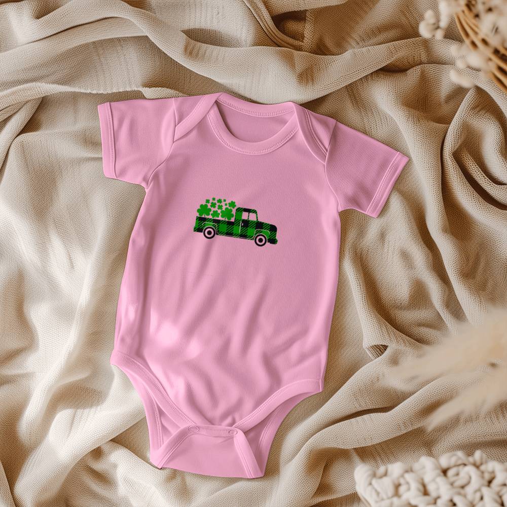 Plaid Shamrock Truck St. Patrick’s Day Baby Bodysuit – Cute Farmhouse Irish Onesie – Soft Cotton Infant Romper – Lucky Holiday Outfit & Baby Gift - Mallard Moon Gift Shop