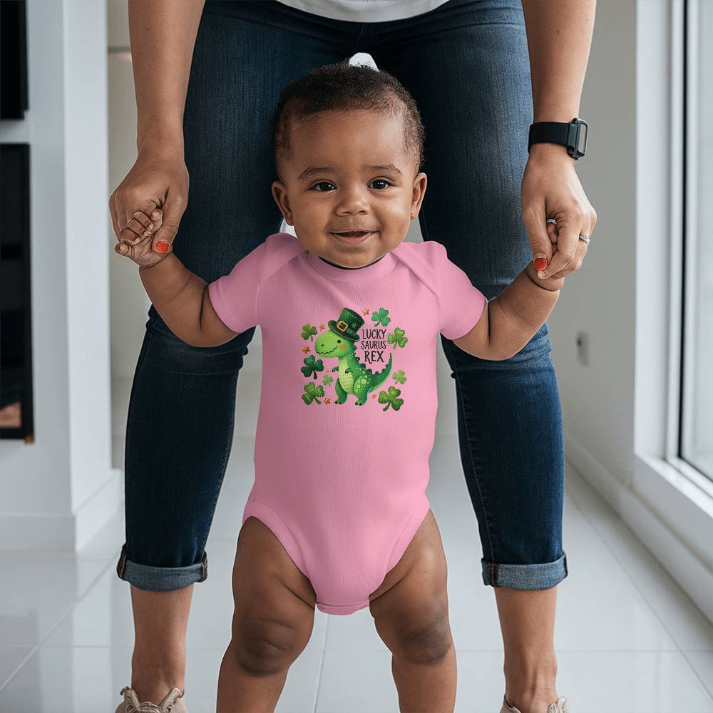 Lucky Saurus Rex St. Patrick’s Day Baby Bodysuit – Cute Dinosaur & Shamrock Onesie – Soft Cotton Infant Romper – Funny Irish Holiday Outfit & Baby Gift - Mallard Moon Gift Shop