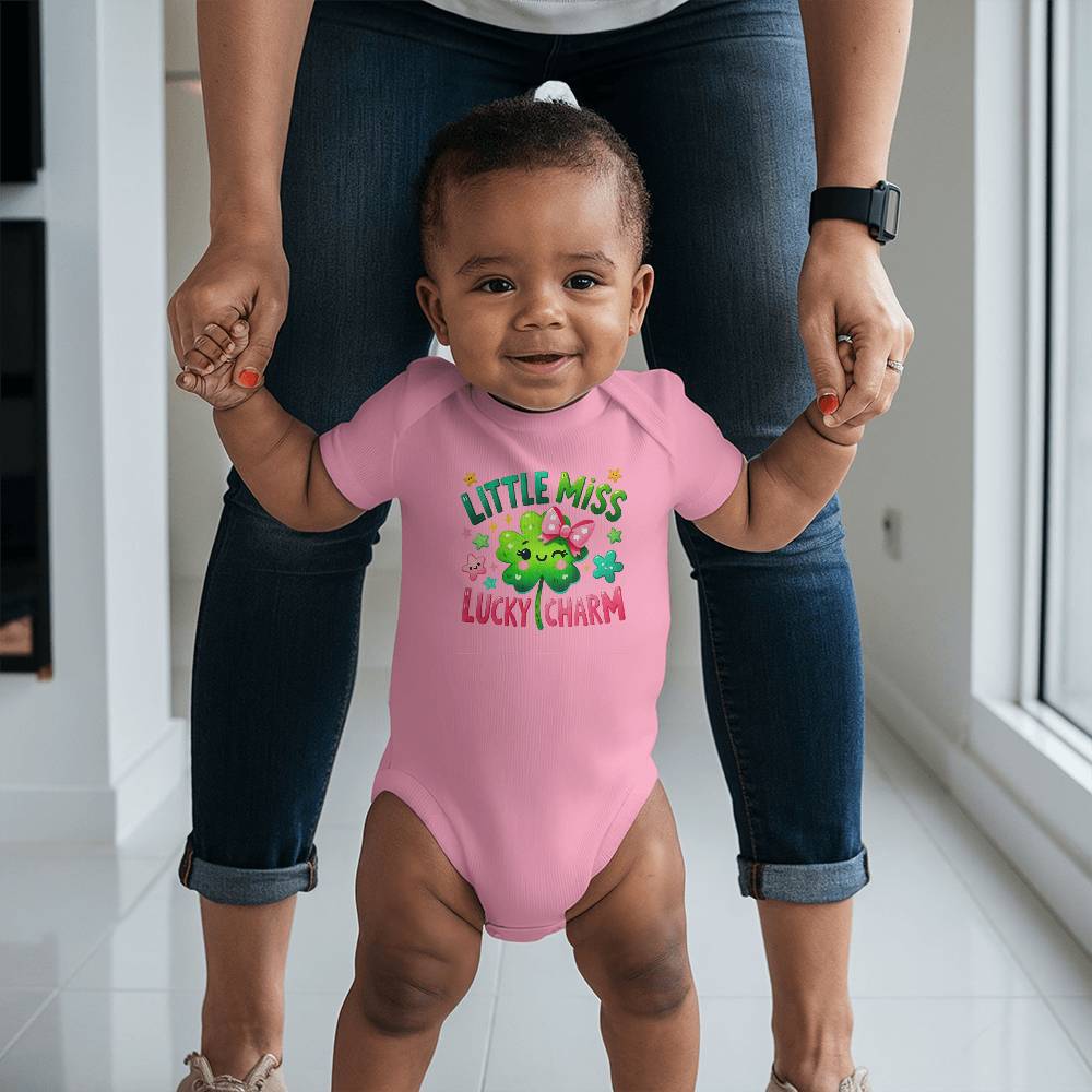 Little Miss Lucky Charm St. Patrick’s Day Baby Bodysuit – Cute Shamrock & Bow Onesie – Soft Cotton Infant Romper – Irish Holiday Outfit & Baby Gift - Mallard Moon Gift Shop