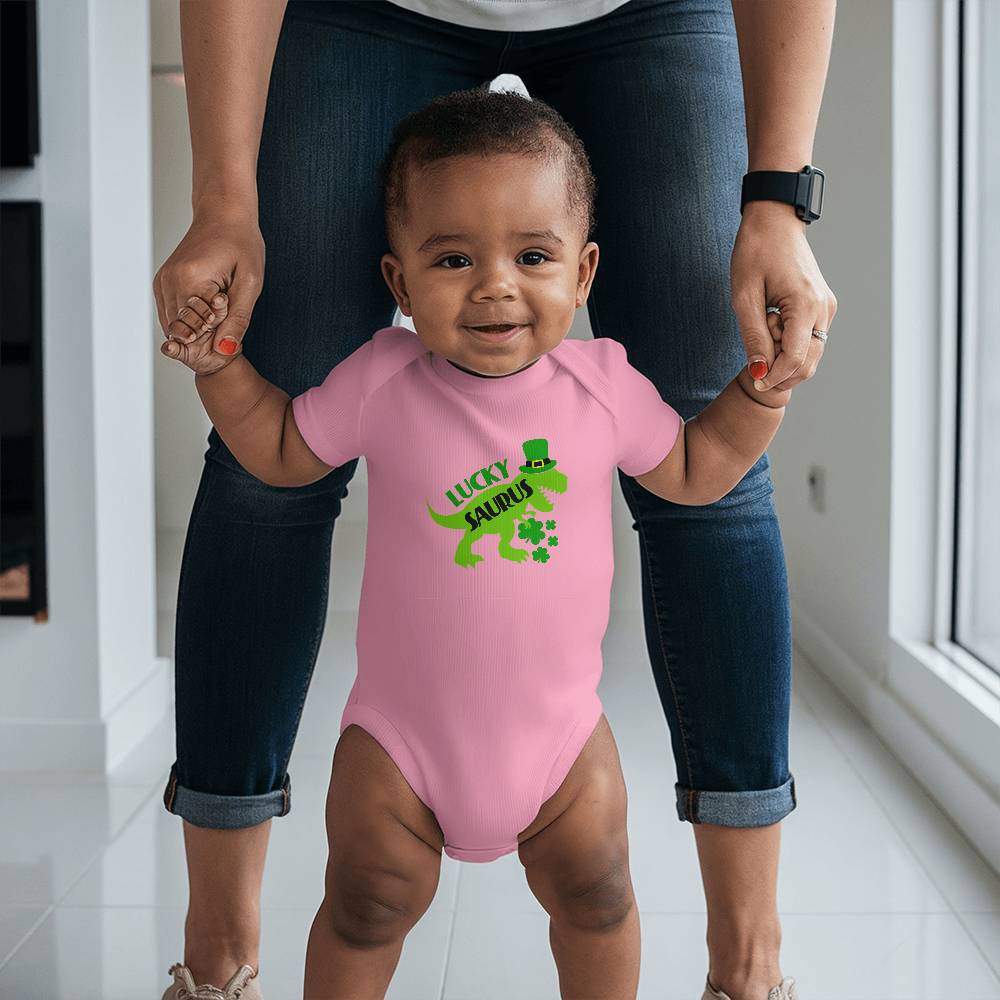 Luckysaurus St. Patrick’s Day Baby Bodysuit – Cute T-Rex Dinosaur Onesie – Soft Cotton Infant Romper – Funny Irish Holiday Outfit & Baby Gift - Mallard Moon Gift Shop