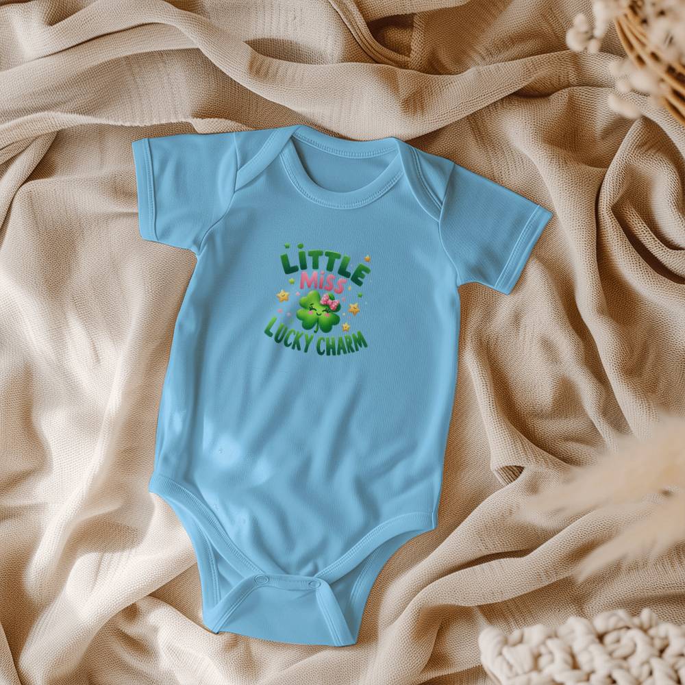 Little Miss Lucky Charm St. Patrick’s Day Baby Bodysuit – Cute Shamrock & Bow Onesie – Soft Cotton Infant Romper – Irish Holiday Outfit & Baby Gift - Mallard Moon Gift Shop