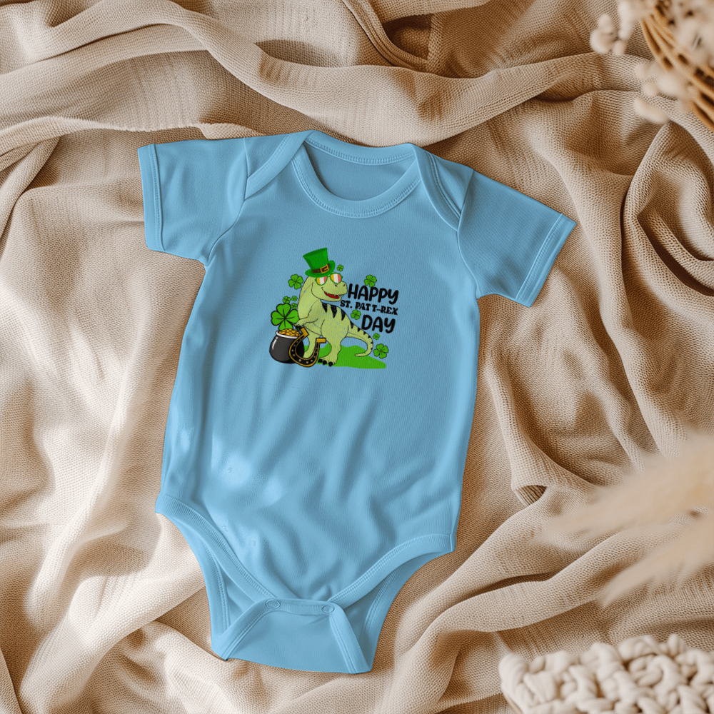 Baby St. Patrick's Day Bodysuit – Cute T-Rex Dinosaur – Lucky Irish Holiday Outfit – Soft Cotton Short Sleeve Infant Romper - Mallard Moon Gift Shop