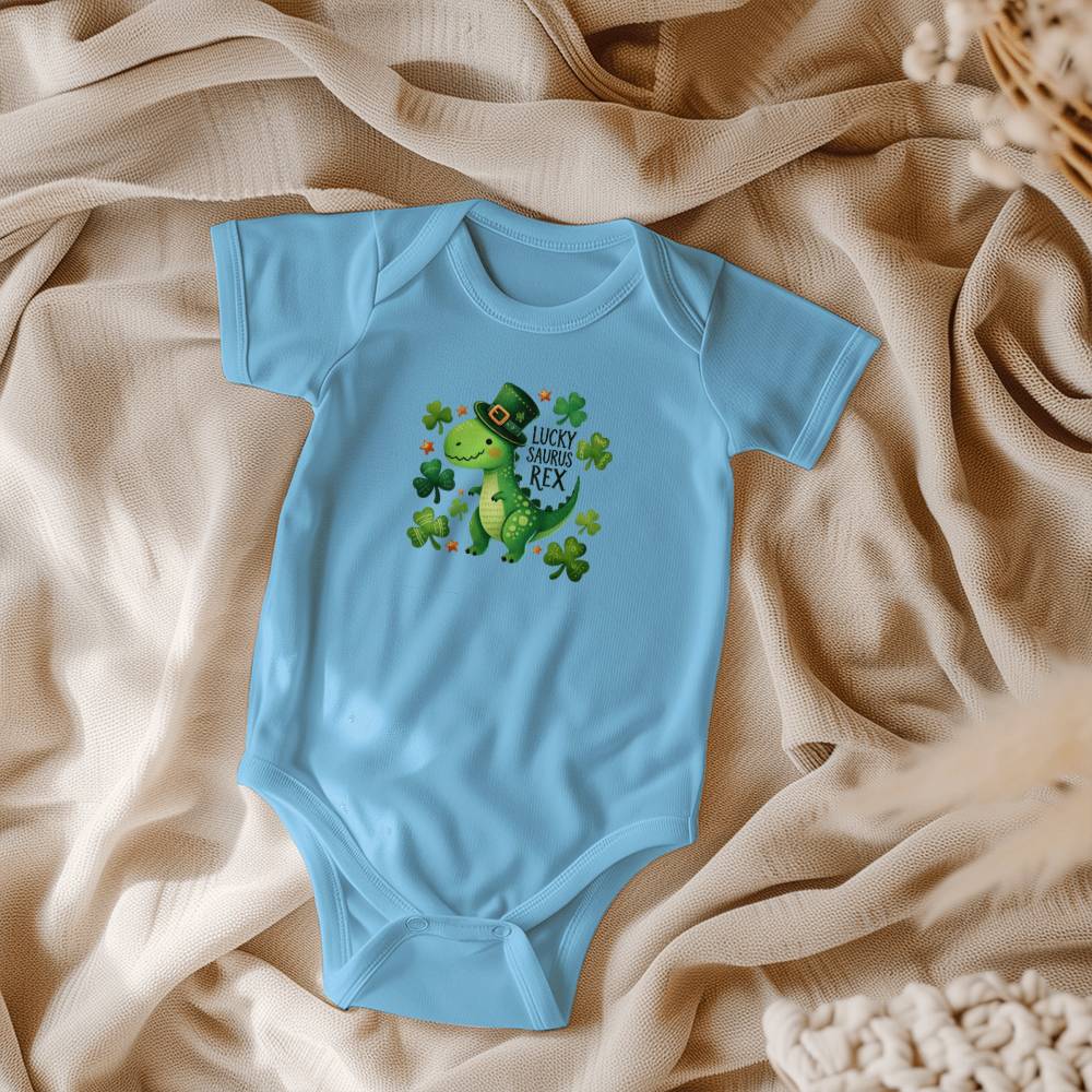 Lucky Saurus Rex St. Patrick’s Day Baby Bodysuit – Cute Dinosaur & Shamrock Onesie – Soft Cotton Infant Romper – Funny Irish Holiday Outfit & Baby Gift - Mallard Moon Gift Shop