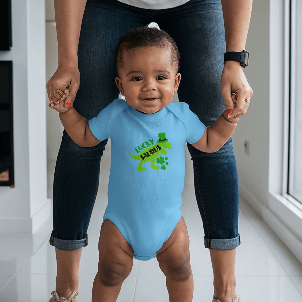 Luckysaurus St. Patrick’s Day Baby Bodysuit – Cute T-Rex Dinosaur Onesie – Soft Cotton Infant Romper – Funny Irish Holiday Outfit & Baby Gift - Mallard Moon Gift Shop