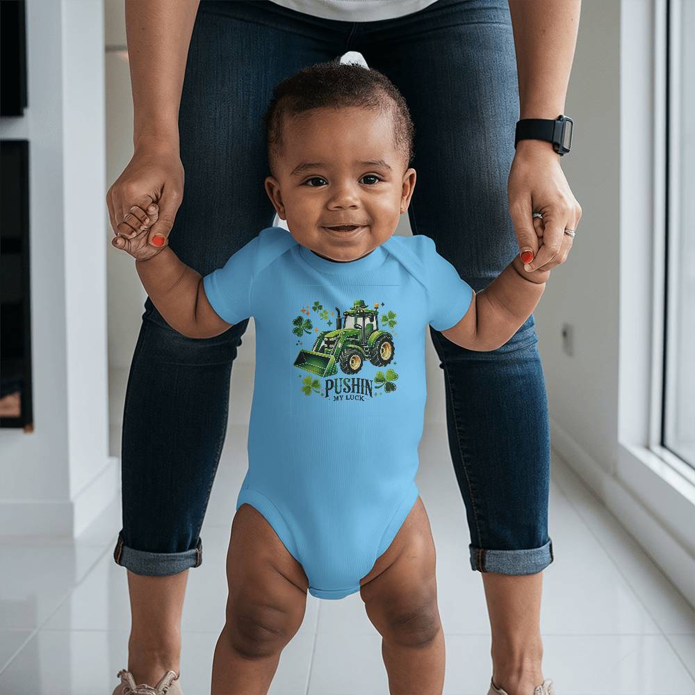 Pushin’ My Luck St. Patrick’s Day Baby Bodysuit – Funny Tractor & Shamrock Onesie – Soft Cotton Infant Romper – Irish Holiday Outfit & Baby Gift - Mallard Moon Gift Shop