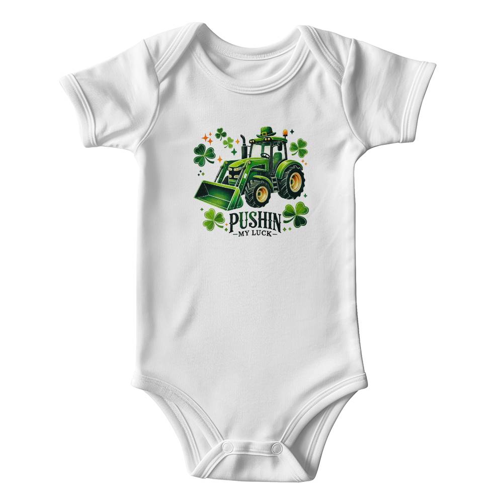 Pushin’ My Luck St. Patrick’s Day Baby Bodysuit – Funny Tractor & Shamrock Onesie – Soft Cotton Infant Romper – Irish Holiday Outfit & Baby Gift - Mallard Moon Gift Shop