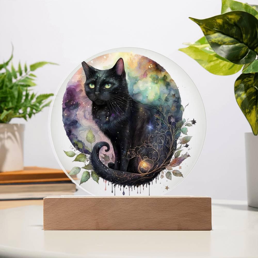 Charming Night Prowler: Black Cat Printed Circle Acrylic Plaque with LED Lighted Wooden Base - Mallard Moon Gift Shop