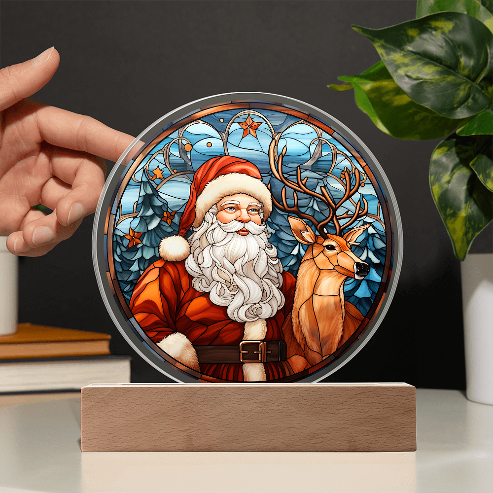 Santa and Reindeer Stained Glass Acrylic Plaque – Round LED Light Christmas Décor | Festive Holiday Gift Keepsake