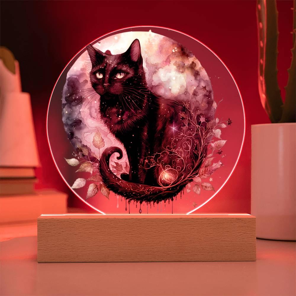 Charming Night Prowler: Black Cat Printed Circle Acrylic Plaque with LED Lighted Wooden Base - Mallard Moon Gift Shop