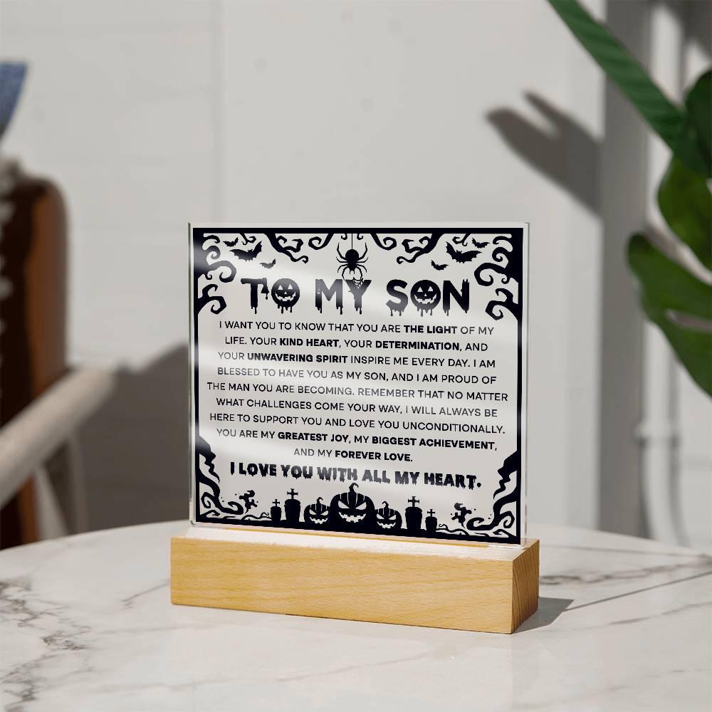 Son - Proudest Achievement - Halloween Acrylic Square Plaque with LED Wooden Base - Mallard Moon Gift Shop